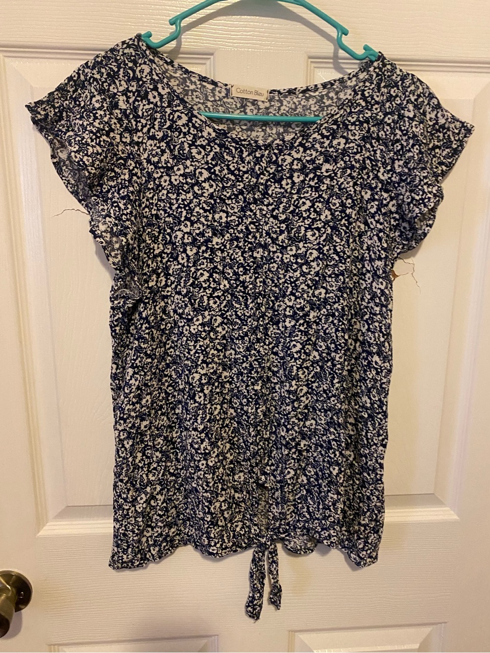Cotton Blue Navy Floral Tie-Front Short Sleeve Top